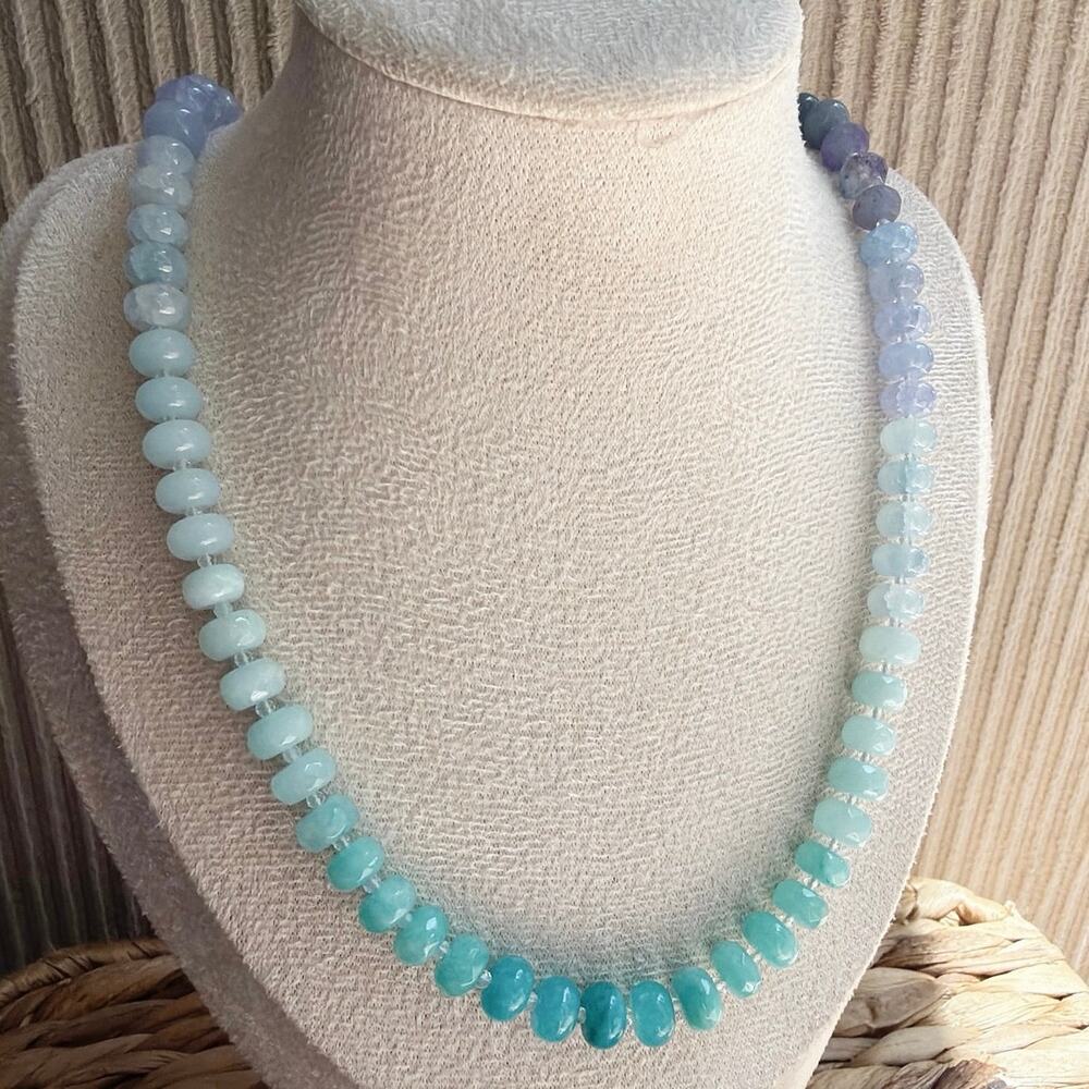 20" Beaded Gemstone Necklace, Ombre Blue, Purple, Jade, Amazonite, Quartz, Agate - Picture 4 of 7